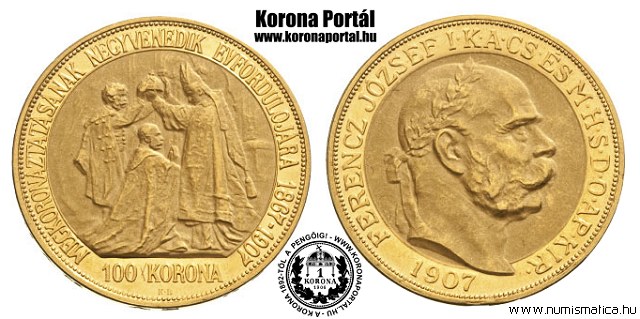 Eredeti arany 100 koronás 1907-ből.