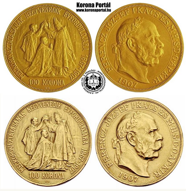 1907-es koronzsi prbaveret arany 100 korons, teljes fellet matt, htlapon vonalkr hinyzik.