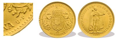 1892-es arany utánveret 10 koronás UP jelzéssel
