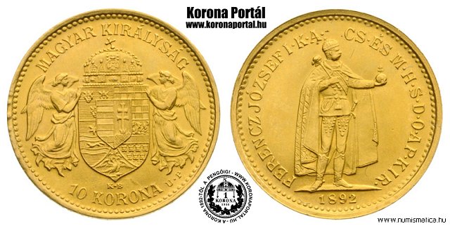 1892-es arany utnveret 10 korons UP jelzssel