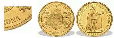 1907-es arany 10 koronás nyitott "A"