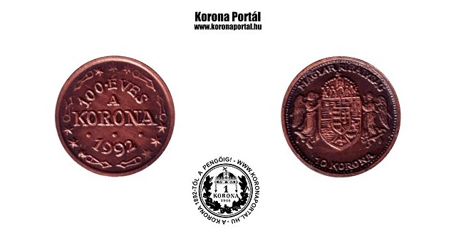 1992-es vörösréz antikolt miniatűr 10 koronás (mini érme) 100 éves a korona 1992