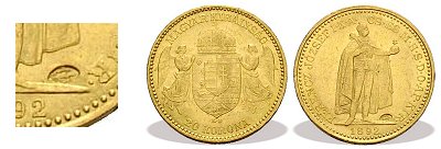 1892-es kard ellenjegyes arany 20 koronás.
