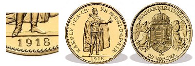 1918-as IV. Károly arany utánveret 20 koronás peremében jelölt