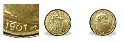 1907-es arany miniatűr 5 koronás (mini érme) Franklin Mint