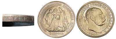 1907-es koronázási 5 koronás hamis másolat fert perembeütéssel olaszországból.