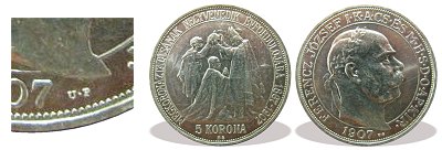 1907-es ezüst utánveret koronázási 5 korona U.P. jelzéssel