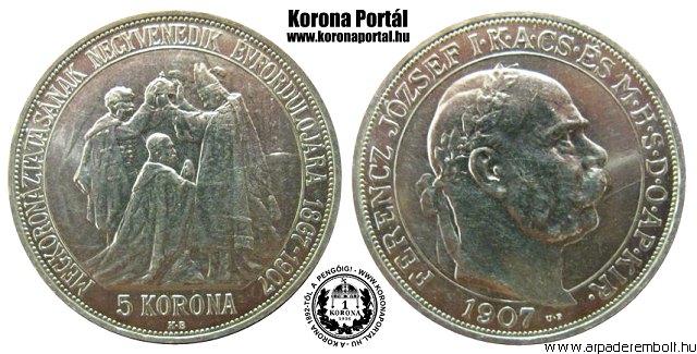 1907-es ezst utnveret koronzsi 5 korona U.P. jelzssel