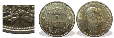 1909-es ezüst utánveret 5 korona U.P. jelzéssel