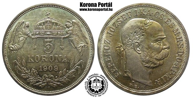 1909-es ezst utnveret 5 korona U.P. jelzssel