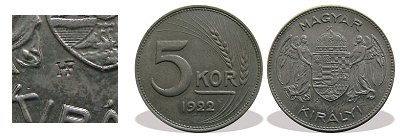 1922-es nikkel próbaveret 5 koronás