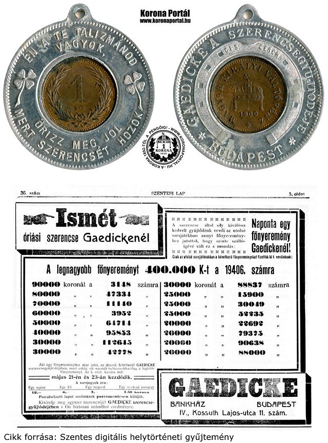 1900-as bronz 1 filléres érmebetétes szerencse talizmán - Gaedicke Bankház Budapest szerencse talizmánja medál változata