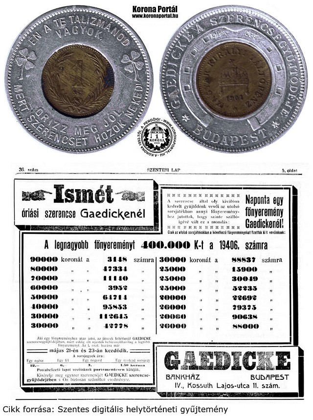1901-es bronz 1 filléres érmebetétes szerencse talizmán - Gaedicke Bankház Budapest szerencse talizmánja