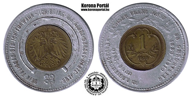 Osztrák 1910-es bronz 1 helleres érmebetétes szerencse talizmán - 62 Uralkodási év I. Ferencz József Király 80. Születésnapja